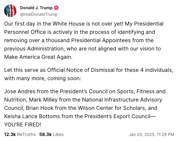 Truth Social post from Trump firing 4. 